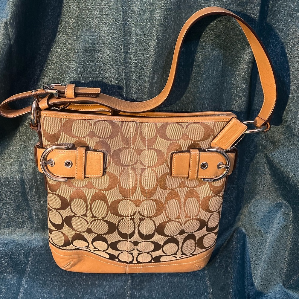 Coach Brown Signature Canvas Shoulder Bag with Tan Leather Trim